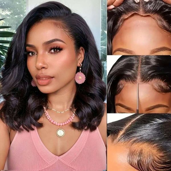 Desgaste e ir para a peruca presa sem gluefued PRE CUT Body Wave Lace Front Beginners Sem cola 4x4 Perucas de fechamento para mulheres negras Cabelo humano (Wig Bob de 14 polegadas)