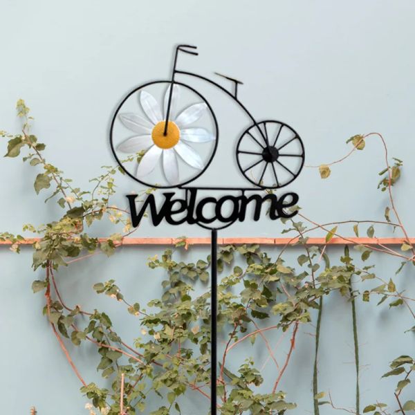 Decorações Wind Spinner Metal 3D Moinho de Vento Cinético Sinal de Boas-Vindas Estacas Porta Frontal Decoração Bicicleta Stand Artesanato Ao Ar Livre Quintal Jardim Acessórios