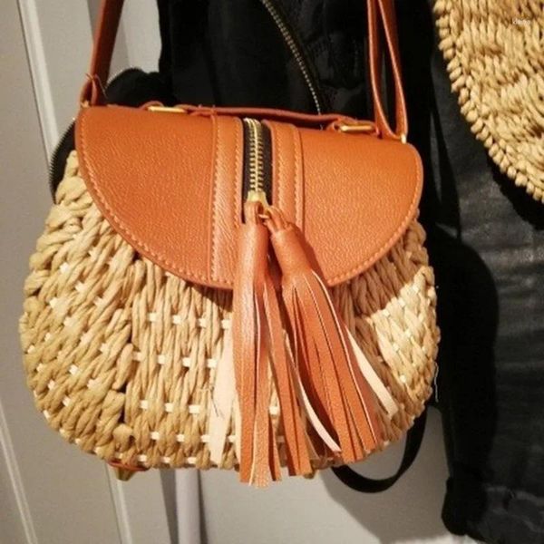 Umhängetaschen Mode Frauen Handtasche Stroh PU Kette Messenger Sommer Rattan Gewebt Strand Boho Große Kapazität Böhmischen Tasche