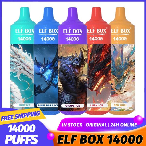 Оригинальная ELF BOX Dragon Edition Vapes Одноразовая затяжка 14000 затяжек Tornado E Сигарета Предварительно заполненная тележка Тележки Mesh Coil Vape Pen Puff 14K Vapers Vs poco razz bang king box