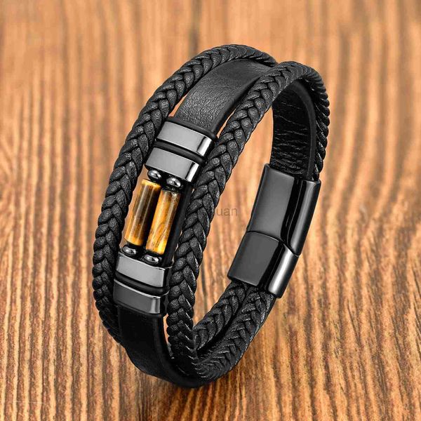 Cadeia retro de couro de camada múltipla pulseira masculina boêmia Chakra Stone Bread Bracelet Jóias de aço inoxidável masculino assistir presente 240325