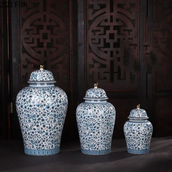 Barattoli Vaso generale in ceramica smaltato blu e bianco Barattolo di zenzero sigillato Contenitore per il tè Decorazione da scrivania Struttura floreale Portagioie Vasi di caramelle