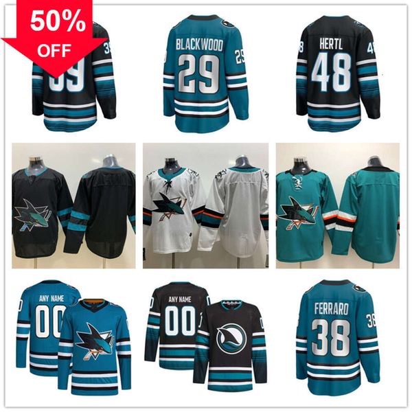 San Custom Jose Sharks Hóquei Jerseys 41 Vitek Vanecek 44 VLASIC Marc-Edouard 18 Filip Zadina Fabian Zetterlund Mackenzie Blackwood Thomas Bordeleau Kyle Burroughs