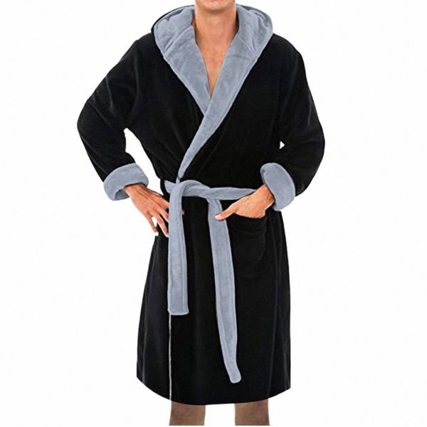 Homens Thermal Lg Roupão Quente Alongado Plush Shawl Kimo Bath Robe Lg Mangas Camisolas Roupas de Casa K7Db #