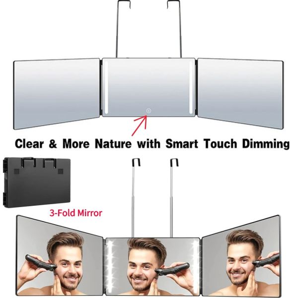 Spiegel, 3-Wege-Spiegel mit LED, Selbstfriseurspiegel, Make-up-Kosmetikspiegel, dreifacher Spiegel zum Selbsthaarschneiden, DIY-Haarschnitt-Werkzeug