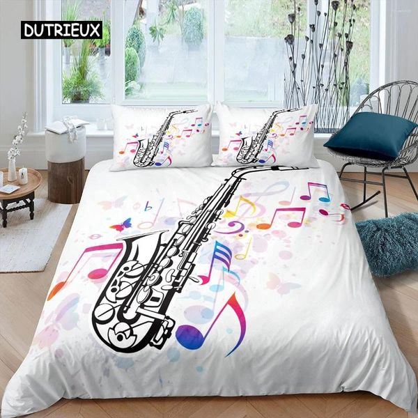 Conjuntos de cama Saxofone Capa de edredão Conjunto Rotativo Notas Musicais Instrumento Retro Jazz Música Tema Twin Quilt para Crianças