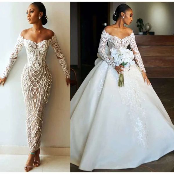 Aso ebi árabe outubro plus size bainha marfim luxuoso vestido de casamento pérolas rendas trem destacável vestidos de noiva zj es