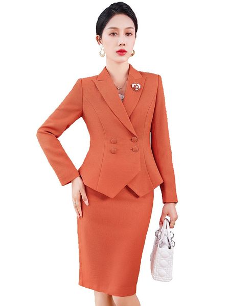 Ankunft Elegante Damen Formale Rock Anzug Frauen Orange Blau Rosa Langarm Weibliche Blazer Set für Business Arbeit Tragen 240315