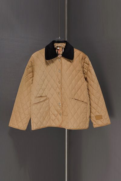 Cappotto giacca trapuntata trapuntata a rombi con colletto in velluto a coste imbottito in cotone di design foderato con apertura con bottoni applicati sui polsini