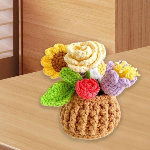 Flores decorativas mini cesta de flores tecidas à mão versátil buquê completo para peças centrais da mesa do carro decoração para casa dia dos namorados