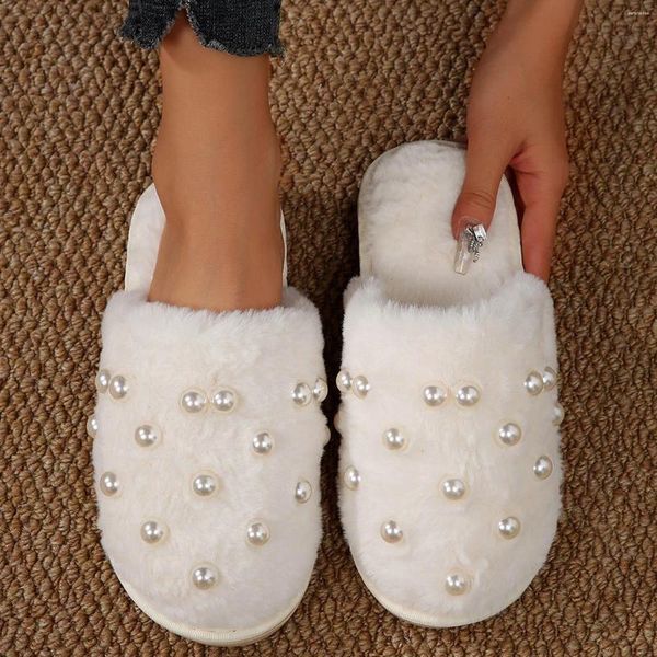 Hausschuhe Damen Winter Home Slipper Fee Flauschige Perle Baumwolle Dicke Sohle Pelzige Schuhe Damen 2024 Rutschfeste Indoor-Rutschen