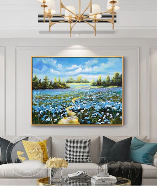 Caligrafia pintada à mão paisagem abstrata pintura a óleo estilo castoral campo de flores azul decoração de arte de parede decoração de casa para quarto de escritório