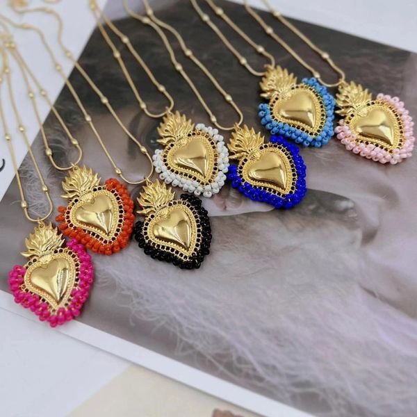 Collane con ciondolo 10 pezzi Collana di perline Miyuki colorate con cuore sacro della Boemia Gioielli femminili Catena color oro cristiano per le donne