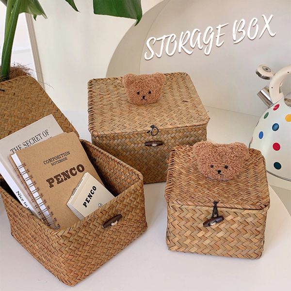 Körbe Vintage Bear Desktop Aufbewahrungsbox handgefertigtem Strohbahn gewebter Korb großer Kapazität Spielzeug Snack Aufbewahrungskoffer für Home Schlafzimmer Organisierung