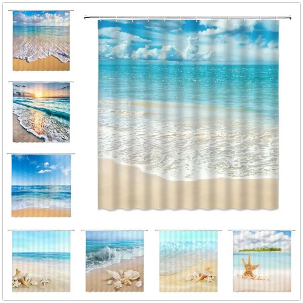 Vorhänge Ozean Strand Duschvorhänge Set Meer Welle Sommer Landschaft Blauer Himmel Landschaften Muschel Seestern Badezimmer Dekor Polyester Bad Vorhang