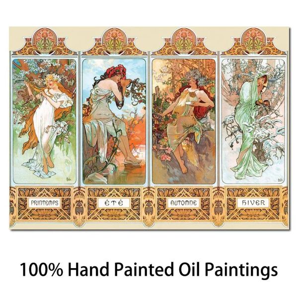 Calligrafia Pittura a olio fatta a mano su tela Le quattro stagioni Alphonse Mucha Opera d'arte Classica Ritratto Immagine per la decorazione della parete Alta qualità