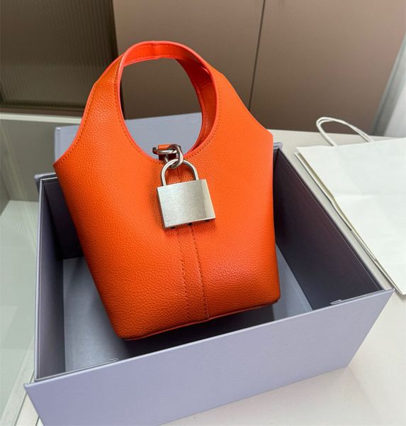 Designer de moda balde elegante bloqueio ferrolho laranja sacola bolsa de couro das mulheres luxo mini totes saco feminino vestido de festa de casamento saco