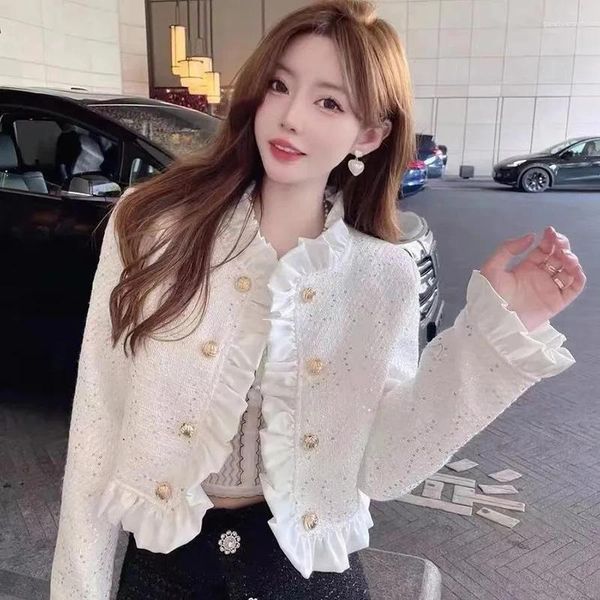 Damenjacken Biyaby abgeschnitten für Frauen elegante Temperament Rüschen weiße Strickjacke Frau koreanische Mode Langarm Tweed Jacke Dame