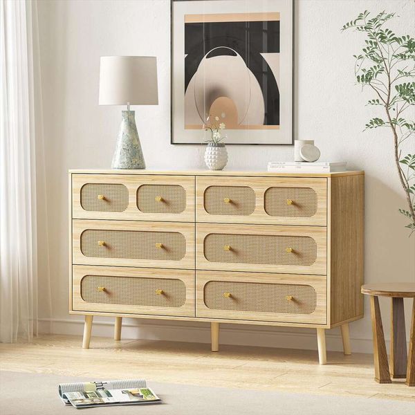 Hourom Rattan Yatak Odası, Altın Kulplu Modern 6 Çekirdek Çift Dresser, Yatak Odası İçin Ahşap Depolama Çekmecesi Sandığı