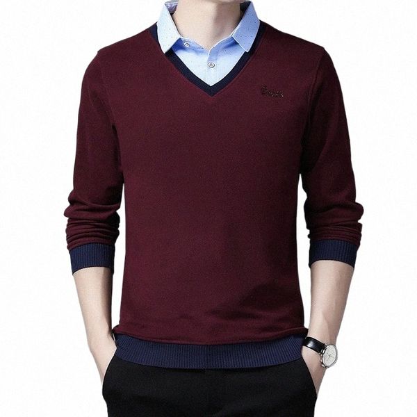 Новое поступление Fi мужская рубашка поло винно-красная осень и весна поддельные две одежды корейская приталенная рубашка поло Para Hombre L8yG #