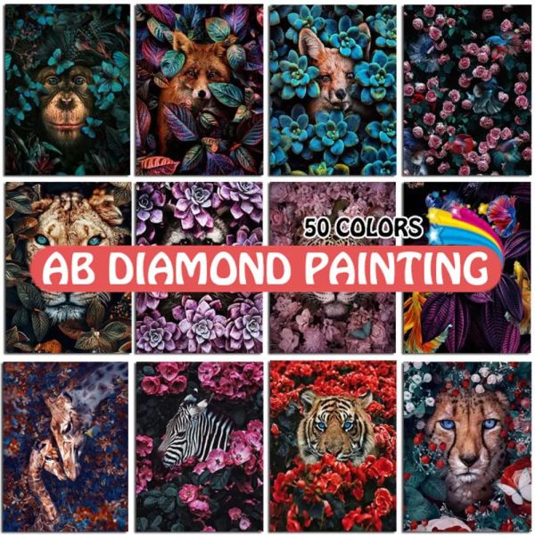 Rastreadores 5d pintura diamante flor animais ab kit de broca gato cavalo tigre leão raposa flamingo guaxinim peixe bordado mosaico cruz