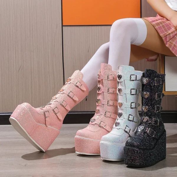 Сапоги модные дамы мотоцикл Sequin Metal Boots Punk Welge High Heel обувь Осень Зимняя женщина теплые готические платформы ботинки