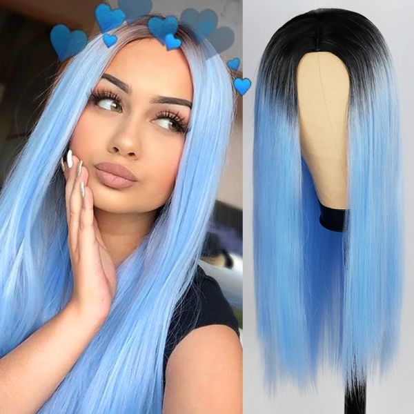 Perucas sintéticas longas retas ombre azul verde para mulheres 24 polegadas preto roxo perucas podem ser cosplay perucas resistentes ao calor miss queen