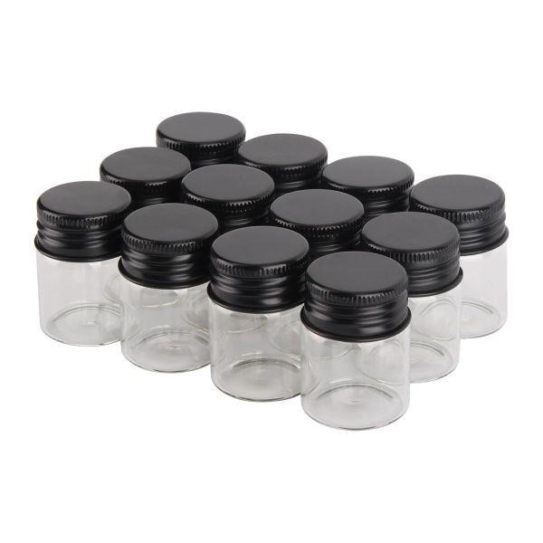 Barattoli 12 pezzi 15ml 30*40mm Bottiglie di caramelle di vetro Barattoli con coperchio superiore in alluminio nero Mini fiale di vetro per artigianato fai-da-te