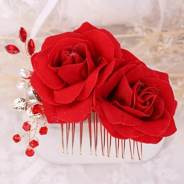 Grampos de cabelo vermelho rosa flor pentes luxo pérola cristal para mulheres baile pageant acessórios de casamento nupcial jóias pino clipe pente