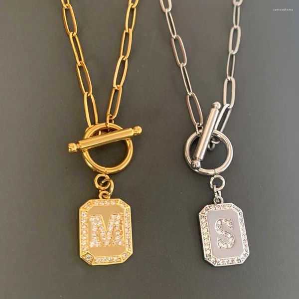 Anhänger Halsketten Vintage CZ Pave Anfangsbuchstabe Quadrat Charm Halskette Trendige Goldfarbe Alphabet Geometrisch OT Stahlkette Choker Schmuck