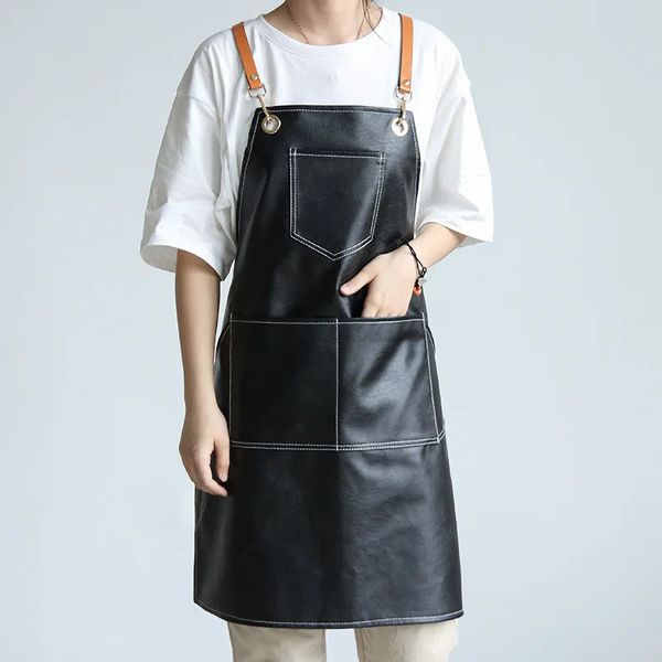 Solide PU-Leder Wasserdicht Für Frauen Männer Schürze Küche Zubehör Café Haus Reinigung Lätzchen Kochen Backen Tasche Chef Pinafore 240315