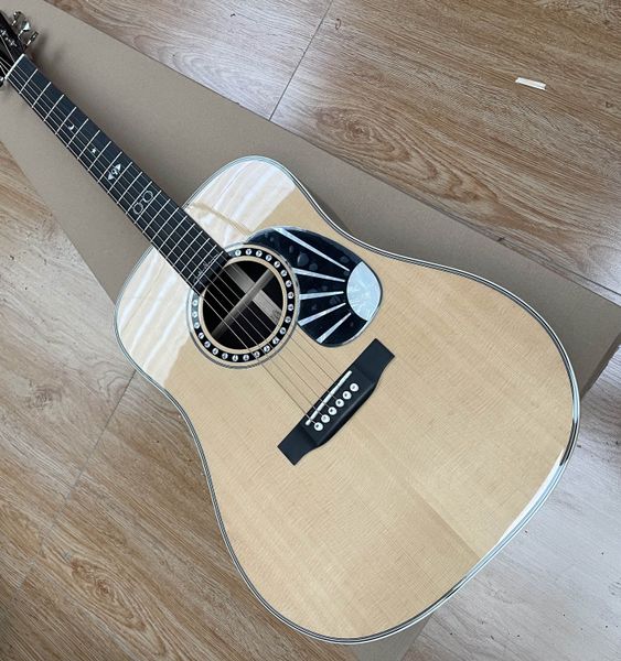 Em estoque, novo 41# acústico (elétrico) guitarra 45 Modelo real embutido abalone real All Solid Wood Anniversary Edition Ebony Artlebond/ponte, porca de osso/sela natural 202402