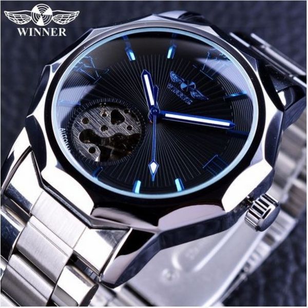 Gewinner Blue Ocean Geometry Design Edelstahl Luxus Kleines Zifferblatt Skeleton Herrenuhren Top-Marke Luxus Automatische Armbanduhr Watch2304