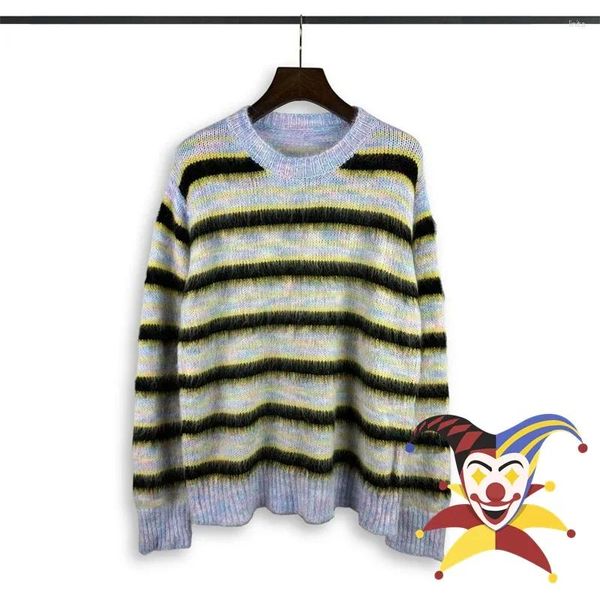 Suéteres masculinos Mohair Stripe Knit Sweater Homens Mulheres Moletons Oversized