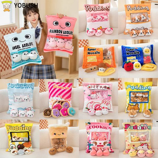 Cuscini Cartoon Ramen Puff Sacchetto di biscotti Bubble Tea Cuscino di peluche Animali kawaii farciti Axolotl Anatra gialla Pipistrello Coniglietto Palline Borsa di caramelle