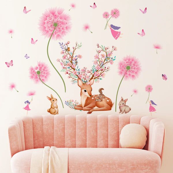 Adesivos rosa dandelion dos desenhos animados cervos coelho adesivo de parede removível vinil pvc decoração casa sala estar quarto