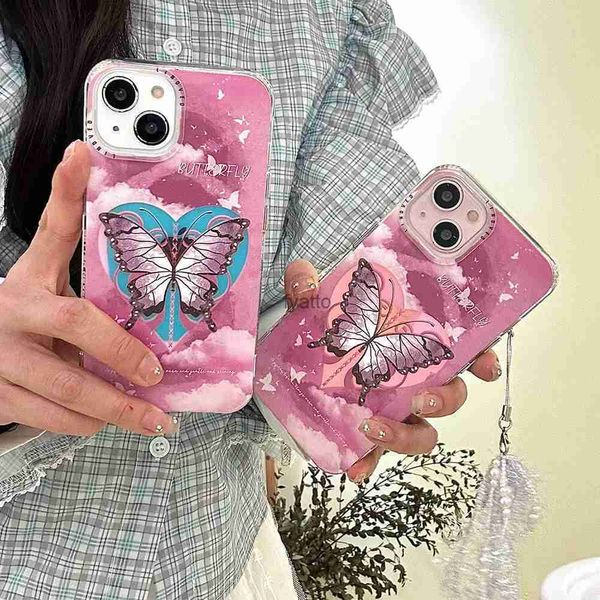 Mobiltelefonkisten Koreanisch niedliche farbenfrohe Traum lila Schmetterlingsmuster Armband Silikon Telefon Hülle für iPhone 15 14 13 12 Pro Max 14 15 Pro Cover H240326