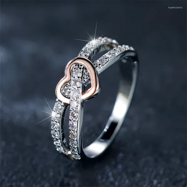 Eheringe Einfache weibliche weiße Zirkon Stein Ring Rose Gold Silber Farbe Herz Verlobung Braut Schmuck für Frauen