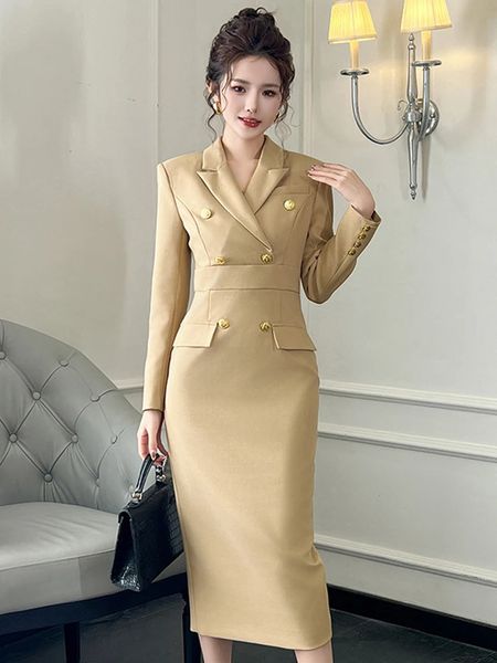 Zarif Profesyonel Stil Midi Elbise Kadınlar İş Kalitesi Çift Göğüslü Uzun Kollu Slit Robe Femme Ofis Leydi Vestidos 240312