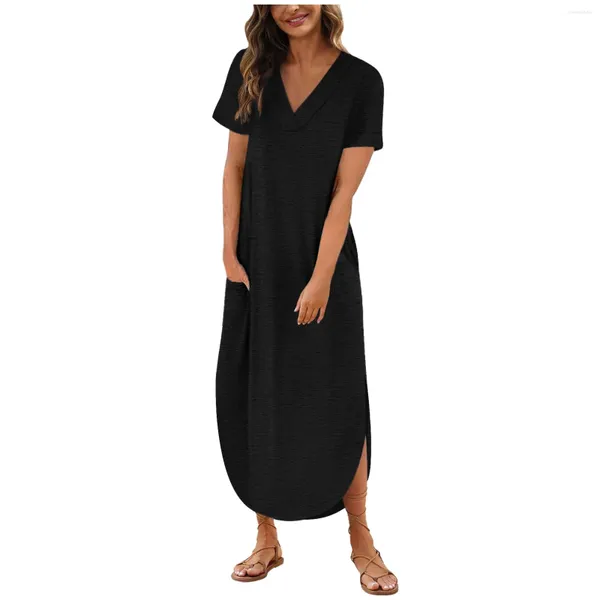 Lässige Kleider Sommer für Frauen 2024 Damen T-Shirt Kleid Kurzarm V-Ausschnitt Lange Seite Split mit Taschen
