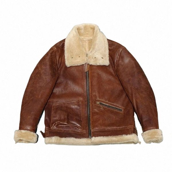 b-3 Aviator Braune Shearling-Jacke für Herren, schmale, kurze Passform, Cafe Racer, Biker, Militärstil, Winter, warm, dick, Mantel 61EW#