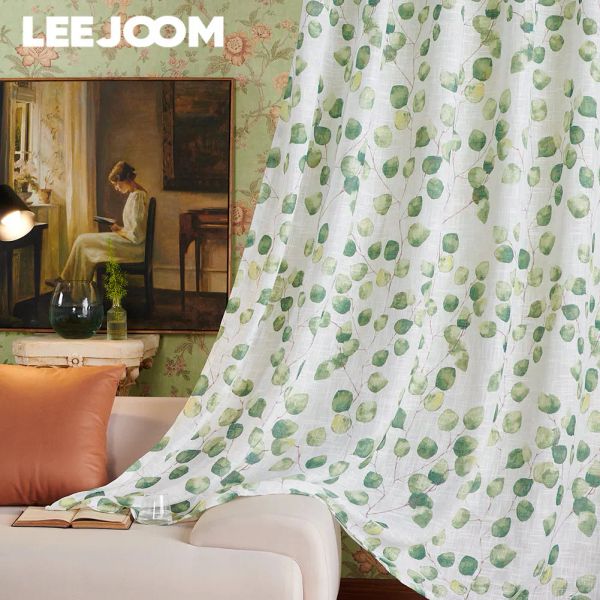 Cortinas LEEJOOM folhas verdes transparente cortina de janela para sala de estar quarto voile tule painel 1 peça