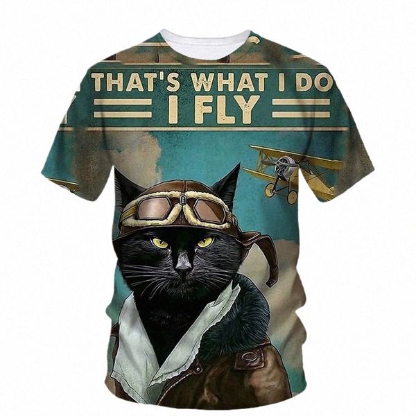 Pilot Cat 3D Impressão T Shirt Homem Verão O-pescoço Manga Curta Oversized Top Casual Tee Solto Streetwear Harajaku a4Kk #