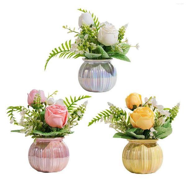 Flores decorativas feitas de seda decoração realista vaso de cerâmica mesa bonsai