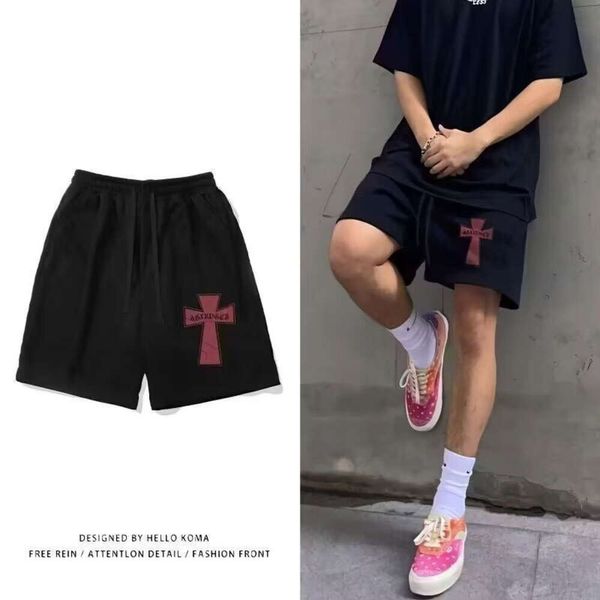 Shorts esportivos estampados com cruz americana para homens verão Instagram marca de moda versátil High Street solto 5/4 calças