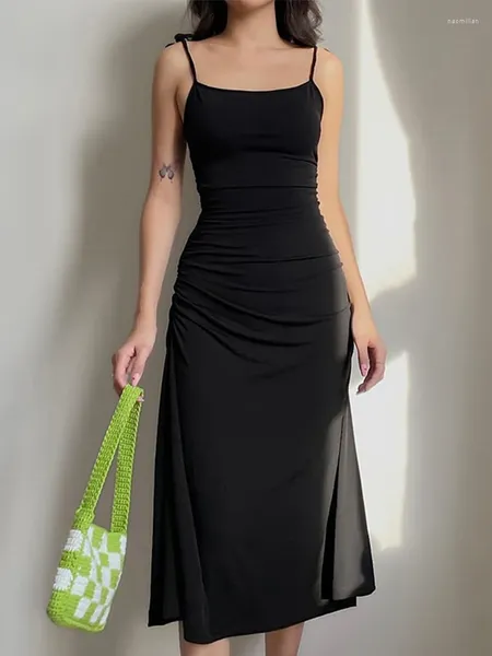 Casual Kleider Mode Strappy Geraffte Sexy Schwarz Kleid Unregelmäßige Elegante Backless Lange Party Sommer Frauen 2024 Kleidung