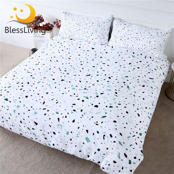 Set biancheria da letto al quarzo Blessliving Pietre verdi Copriletto in terrazzo Rock Copriletto King in marmo bianco nero 3 pezzi