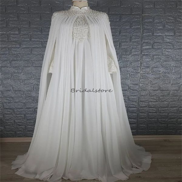 Luxus Perlen muslimische Brautkleider Dubai Arabisch Langarm Islamisch Hispanic Country Brautkleid 2024 Kaftan Chiffon Vestido Novia Appliken Spitzen Casamento