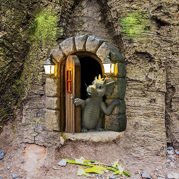 Esculturas novo estilo dinossauro escalada janela artesanato resina estátua jardim dragão pátio escultura jardinagem arte da parede casa decorações
