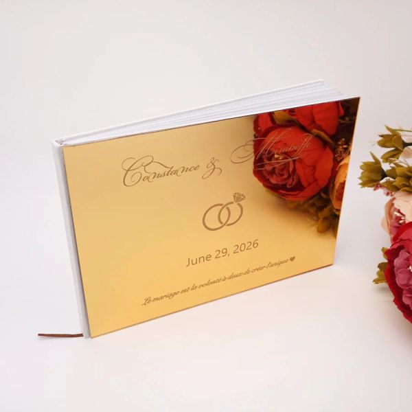 Album Libro del check-in orizzontale personalizzato Specchio acrilico personalizzato Doppio anello con diamanti Copertina di design Libro degli ospiti con firma del matrimonio